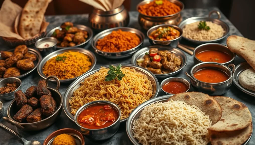 Traditional Mughlai cuisine from Agra including kebabs, biryani, and curries served in copper dishes Traditional Mughlai cuisine from Agra including kebabs, biryani, and curries served in copper dishes