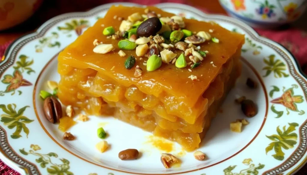 Traditional Multani Sohan Halwa dessert garnished with nuts on a decorative plate Traditional Multani Sohan Halwa dessert garnished with nuts on a decorative plate