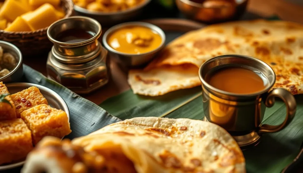 Traditional Mysore cuisine including Mysore Pak sweet, Masala Dosa and filter coffee served on banana leaf