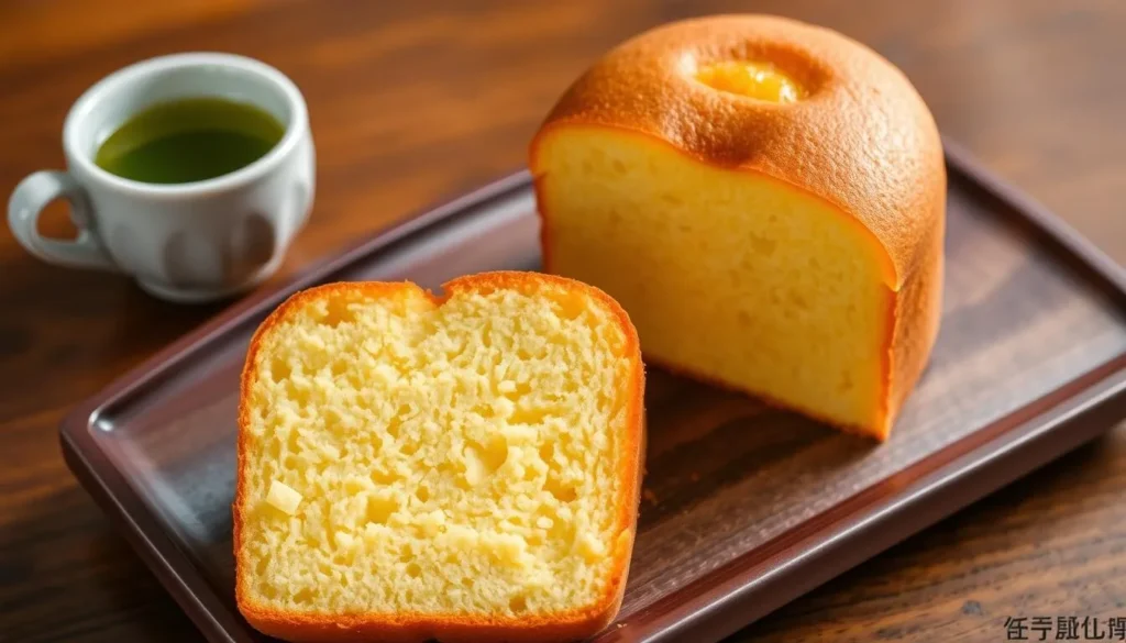 Traditional Nagasaki castella cake with its golden color and soft texture, often served with tea