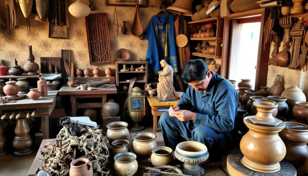 Traditional Nepali handicrafts including pottery and wood carvings in a Dhulikhel workshop