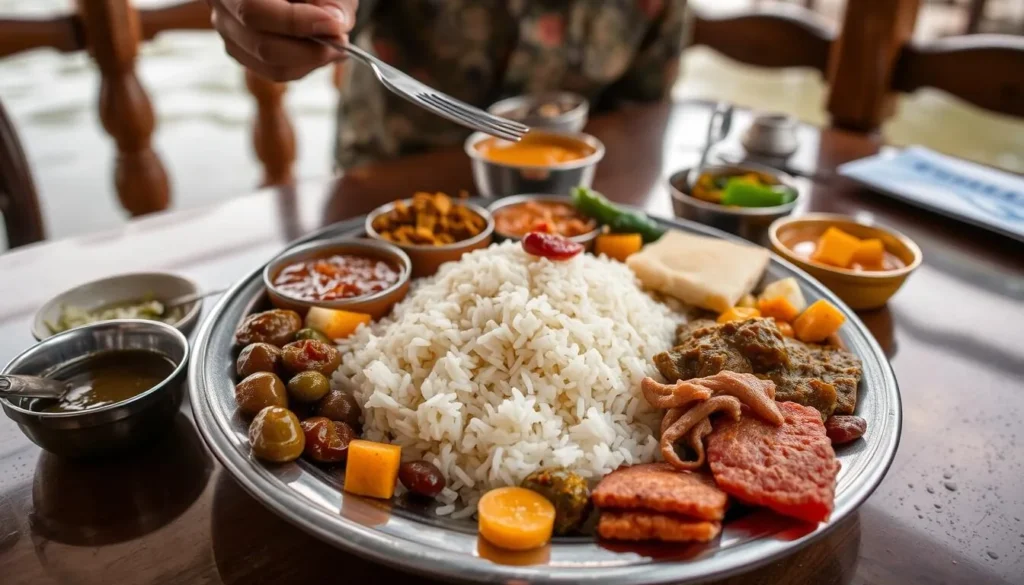 Traditional Nepali thali meal being served at a restaurant in Chitwan