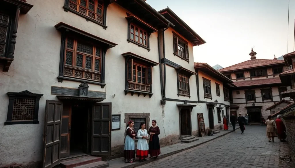 Traditional Newari architecture in Chitlang village with locals in traditional dress