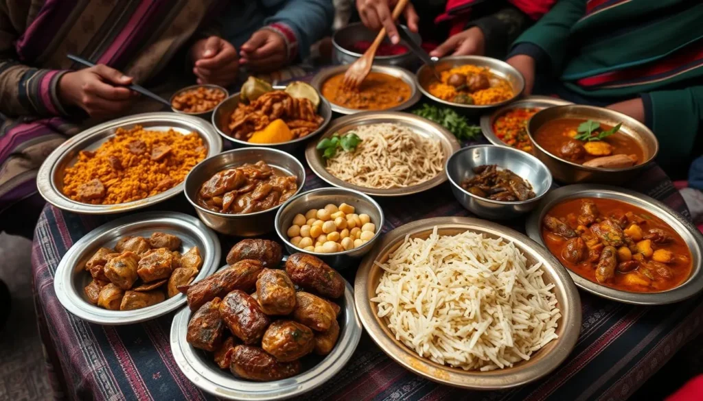 Traditional Newari feast with various dishes including Bara, Choila, and Yomari served on brass plates