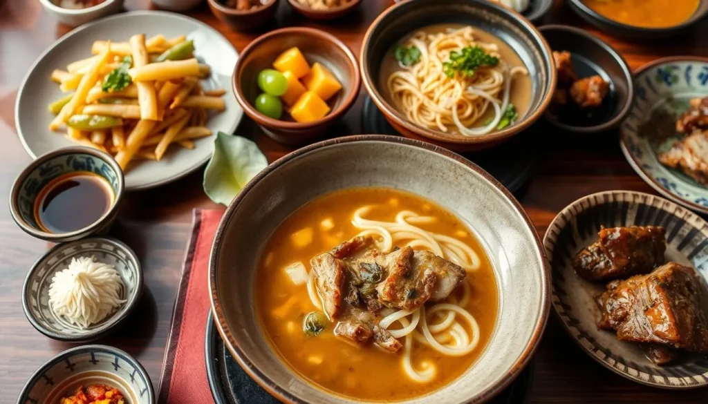 Traditional Okinawan meal with goya champuru, Okinawa soba, and rafute pork belly Traditional Okinawan meal with goya champuru, Okinawa soba, and rafute pork belly