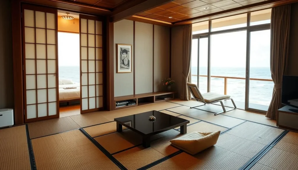 Traditional Okinawan-style hotel room with tatami mats and ocean view Traditional Okinawan-style hotel room with tatami mats and ocean view