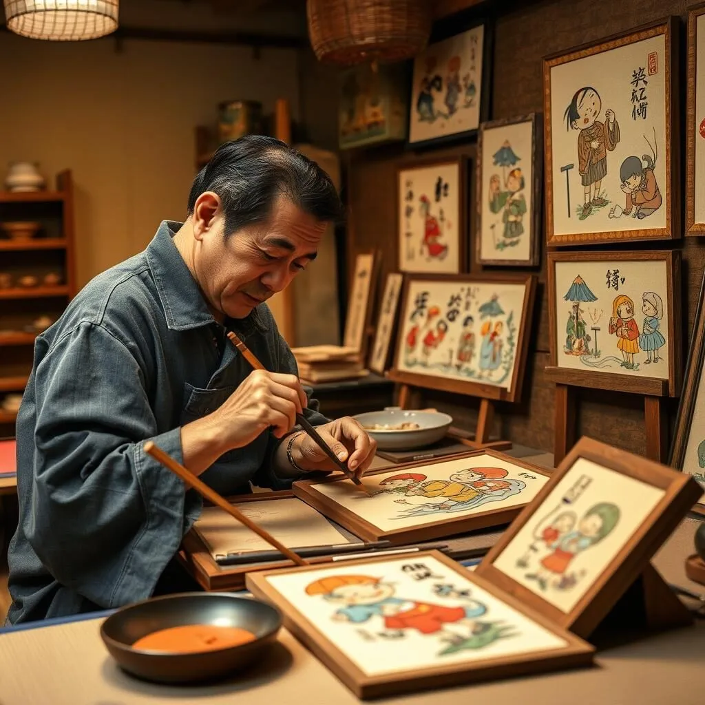 Traditional Otsu-e folk painting workshop with colorful designs, Otsu City, Japan