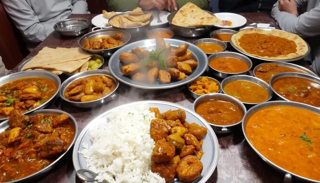 Traditional Pakistani food at a restaurant in Gujranwala including kebabs and naan