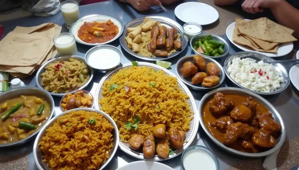 Traditional Pakistani food spread with various dishes including biryani, kebabs, and naan bread