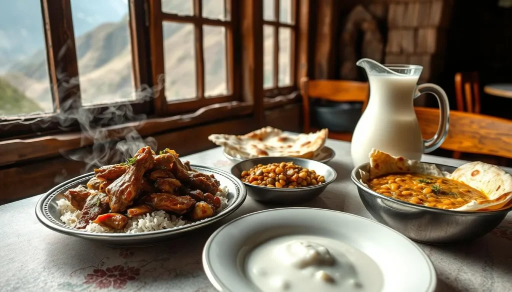 Traditional Pakistani meal being served at a small restaurant in Kumrat Valley with mountains visible through the window