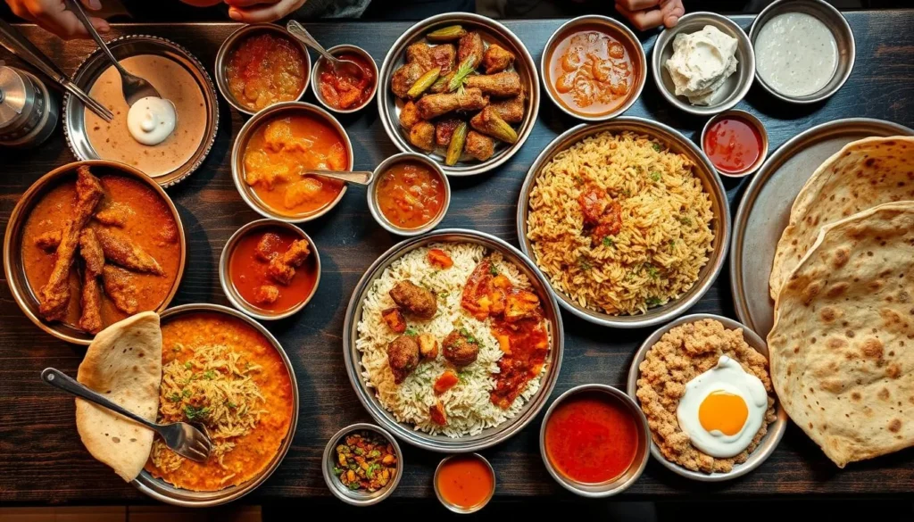 Traditional Punjabi feast with various dishes served in a Sialkot restaurant