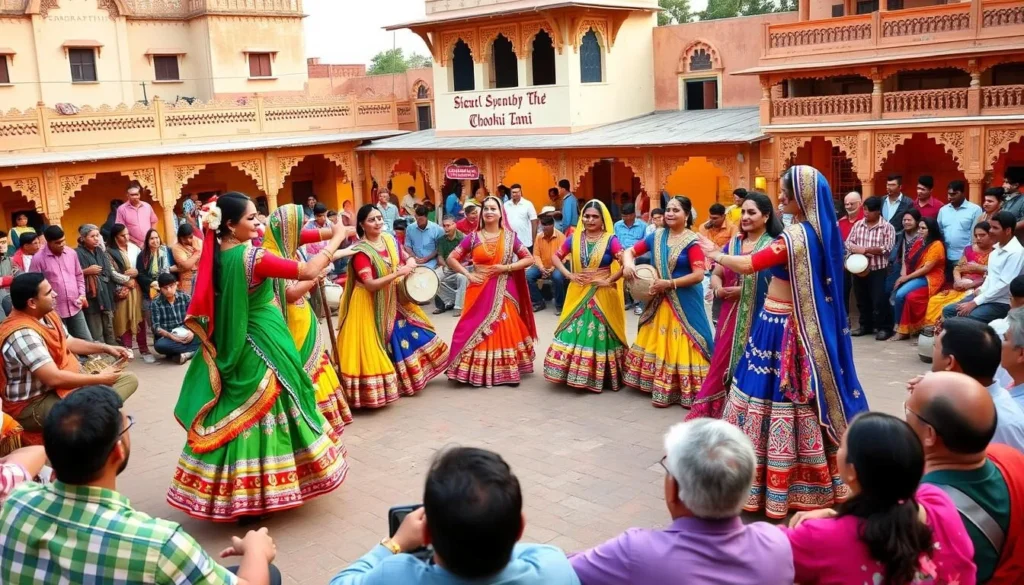 Traditional Rajasthani folk dancers performing at Chokhi Dhani village resort with tourists enjoying the cultural show