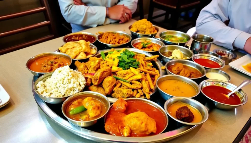 Traditional Rajasthani thali meal with various dishes served in metal plates Traditional Rajasthani thali meal with various dishes served in metal plates
