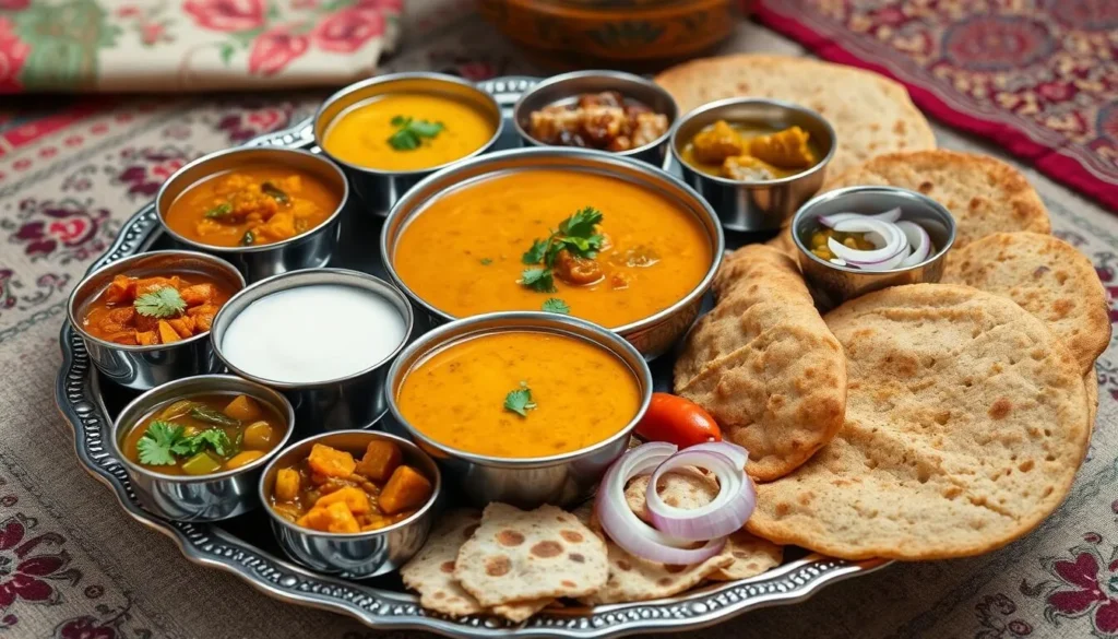Traditional Rajasthani thali with Dal Baati Churma, various curries and breads served on a metal plate