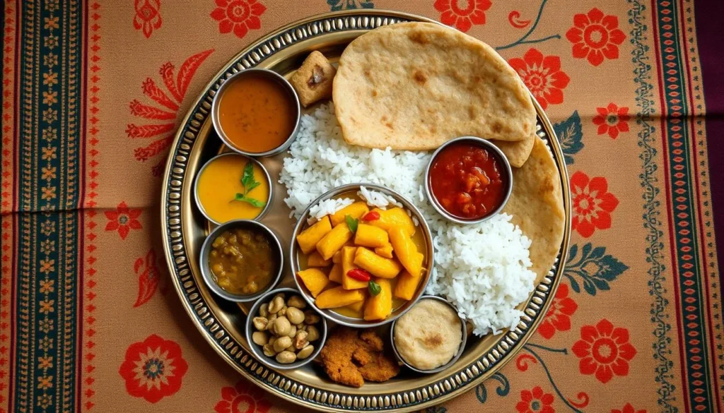Traditional Rajasthani thali with various colorful dishes including Dal Baati Churma served on a brass plate Traditional Rajasthani thali with various colorful dishes including Dal Baati Churma served on a brass plate
