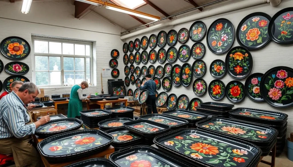 Traditional Russian crafts demonstration at Zhostovo Factory with painted trays and artists at work