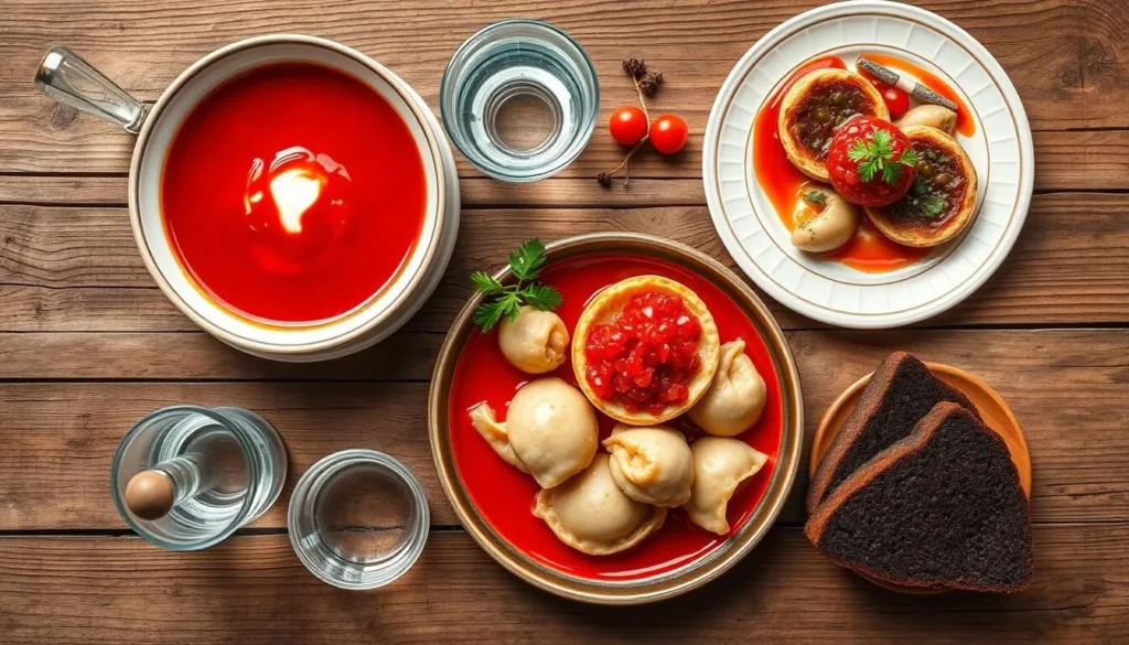 Traditional Russian food spread including borscht, pelmeni, and blini Traditional Russian food spread including borscht, pelmeni, and blini