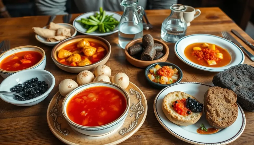 Traditional Russian meal with various dishes served at a restaurant in Moscow Oblast