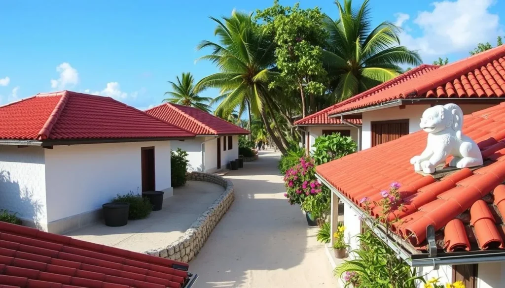 Traditional Ryukyu village with red-tiled roofs on Taketomi Island, Yaeyama Islands Traditional Ryukyu village with red-tiled roofs on Taketomi Island, Yaeyama Islands