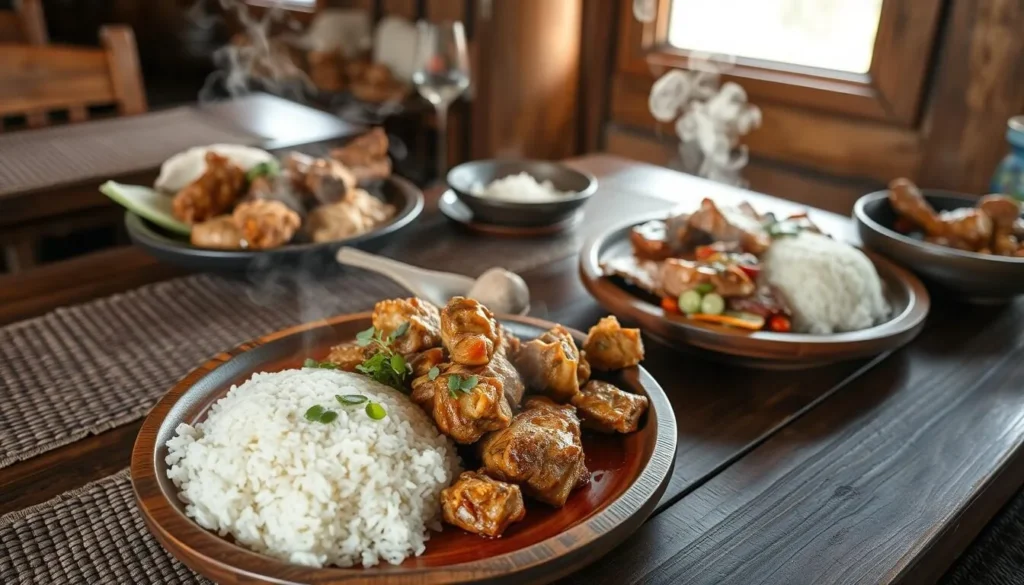 Traditional Sagada cuisine featuring Pinikpikan and Etag dishes with mountain rice