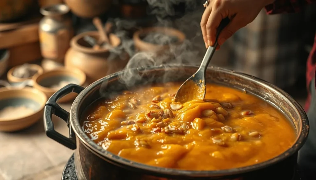 Traditional Sohan Halwa sweet being prepared in a copper pot in Sargodha
