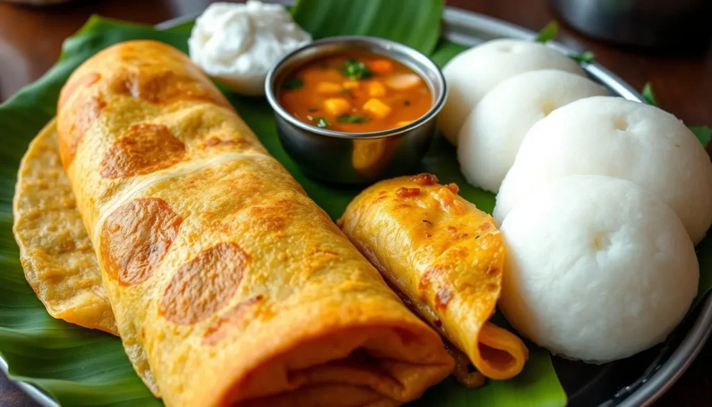 Traditional South Indian breakfast with masala dosa, idli, sambar and chutney Traditional South Indian breakfast with masala dosa, idli, sambar and chutney