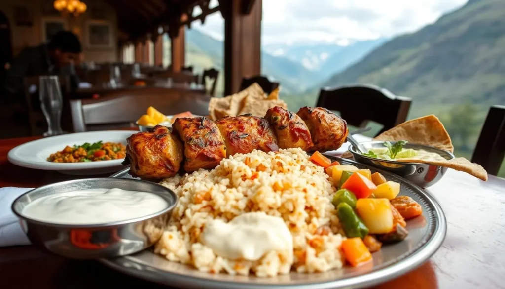 Traditional Swati meal with chapli kebab, rice, and local dishes served in a mountain restaurant