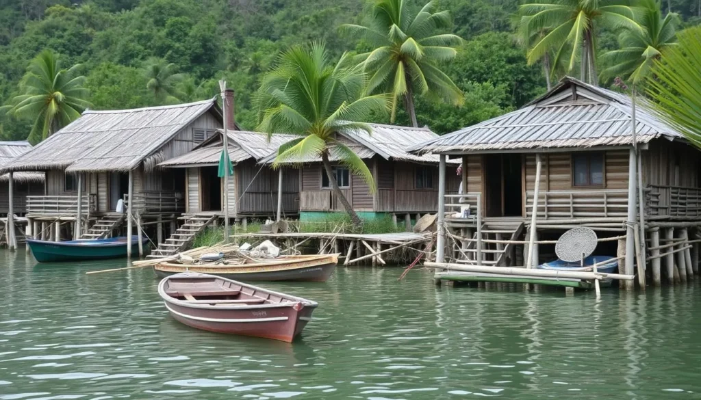 Traditional Tagbanua village with wooden houses on stilts near the water