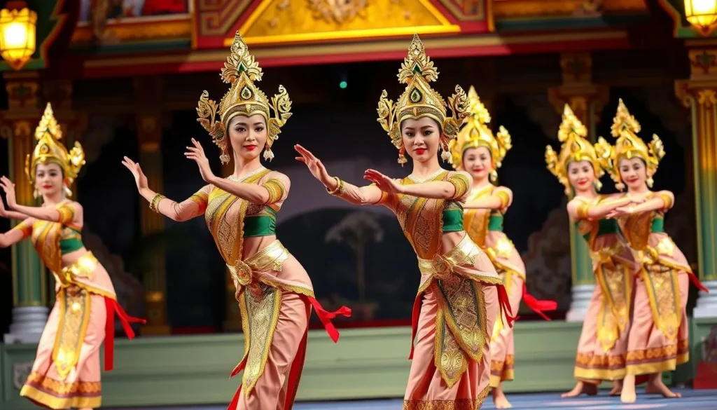 Traditional Thai dance performance with elaborately costumed dancers in Bangkok