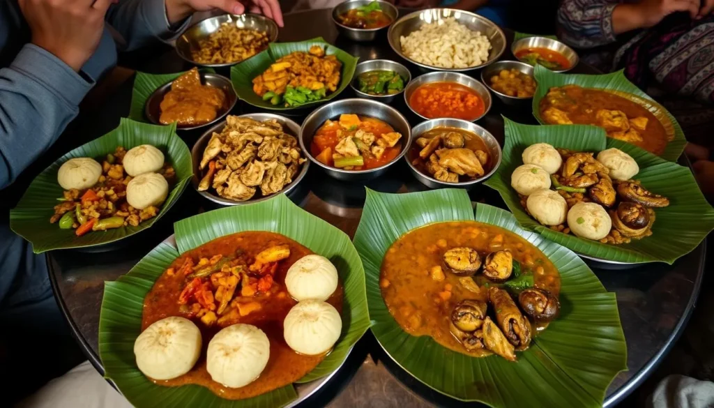 Traditional Tharu cuisine dishes served in authentic setting in Bharatpur Nepal