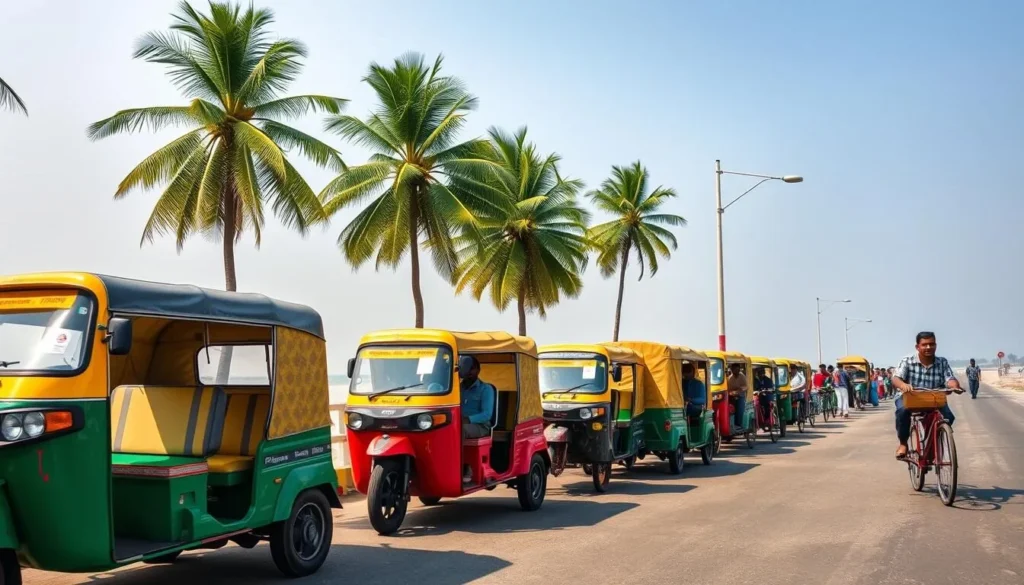 Traditional colorful tuk-tuks and rickshaws lined up at Cox's Bazar beach road waiting for tourists