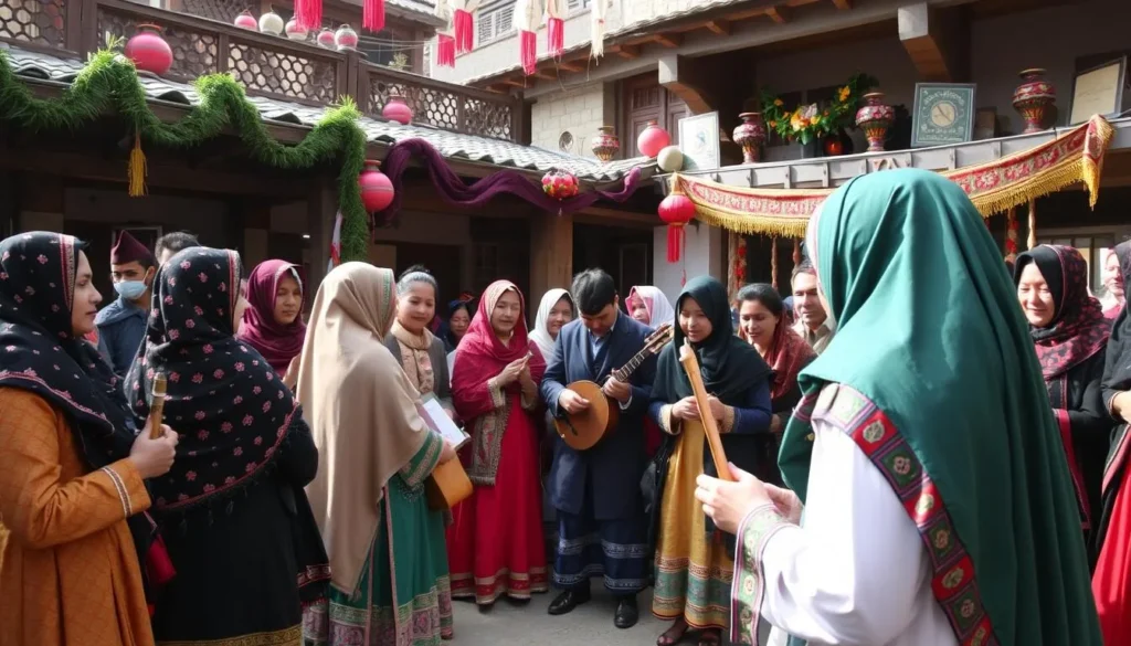 Traditional cultural celebration in a Hunza village with local people in traditional dress