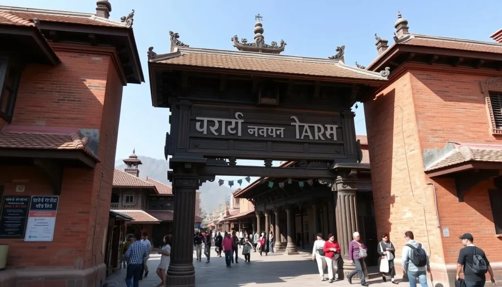 Traditional entrance gate to Bhaktapur with intricate wood carvings and brick architecture