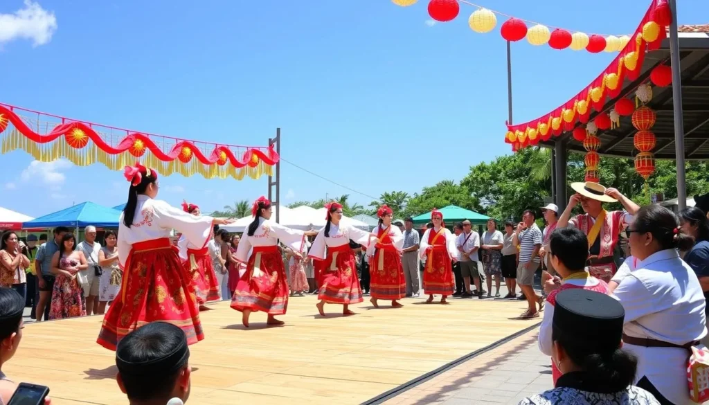 Traditional festival with dancers in colorful Ryukyuan costumes in the Yaeyama Islands Traditional festival with dancers in colorful Ryukyuan costumes in the Yaeyama Islands