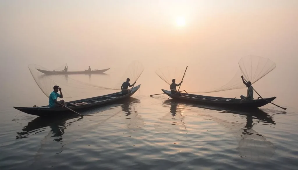 Traditional fishing in Hakaluki Haor with local fishermen using nets in wooden boats