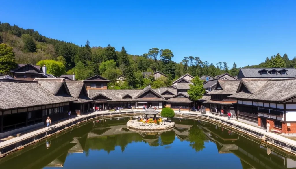 Traditional gassho-zukuri farmhouses at Hida Folk Village with steep thatched roofs, one of the best things to do in Takayama Japan