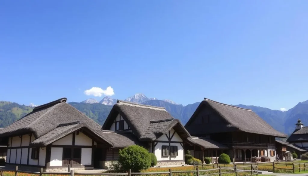 Traditional gassho-zukuri farmhouses in Shirakawa-go with mountains in background