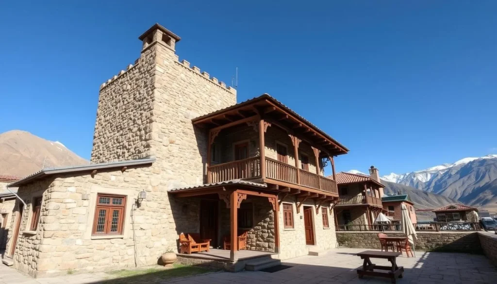 Traditional guesthouse in a village near Shandur Pass with mountain views