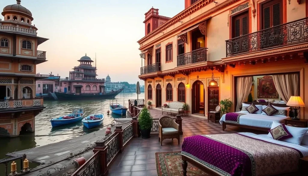 Traditional haveli-style hotel in Varanasi with riverside views, ornate architecture, and comfortable accommodations