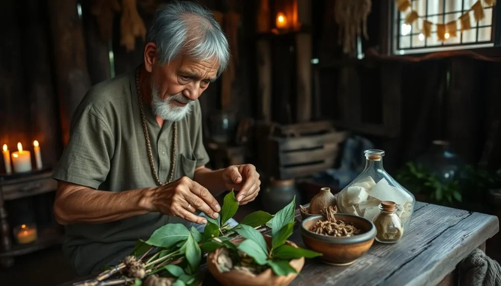 Traditional healer preparing herbal remedies in Siquijor with natural ingredients and candles