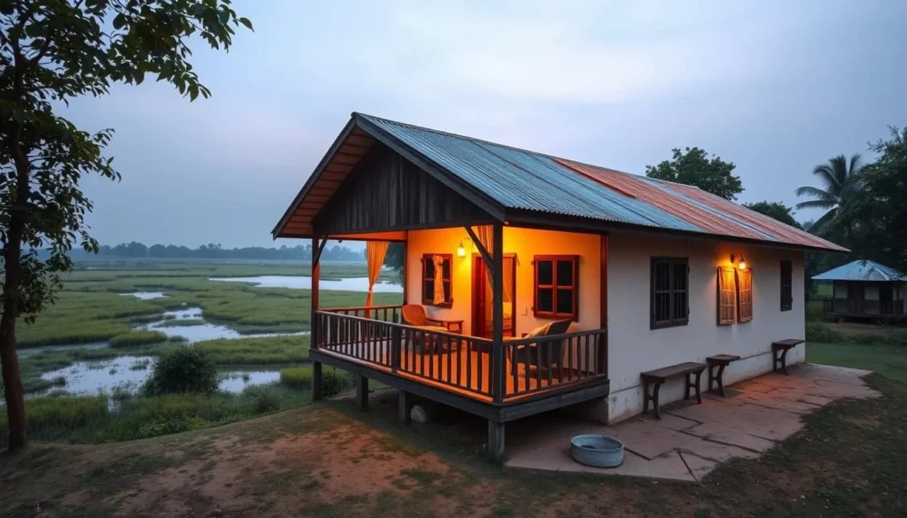 Traditional homestay accommodation near Chalan Beel with view of wetlands