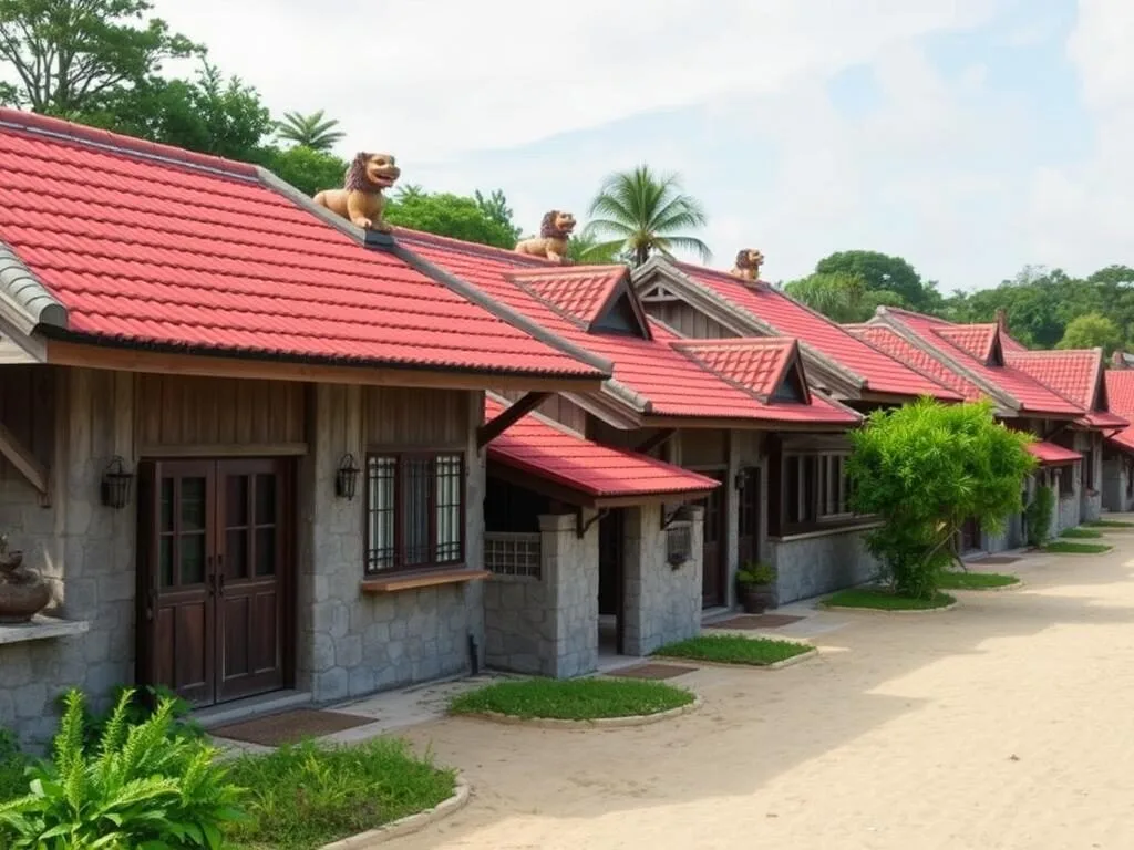 Traditional houses with red tile roofs on Taketomi Island with sandy streets Traditional houses with red tile roofs on Taketomi Island with sandy streets