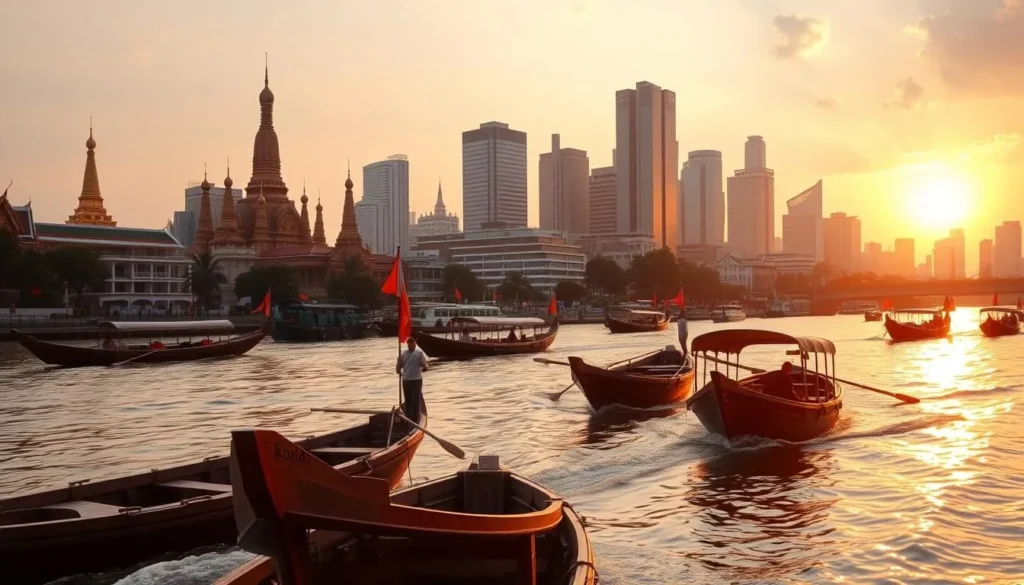 Traditional long-tail boats on the Chao Phraya River with temples and skyscrapers in the background