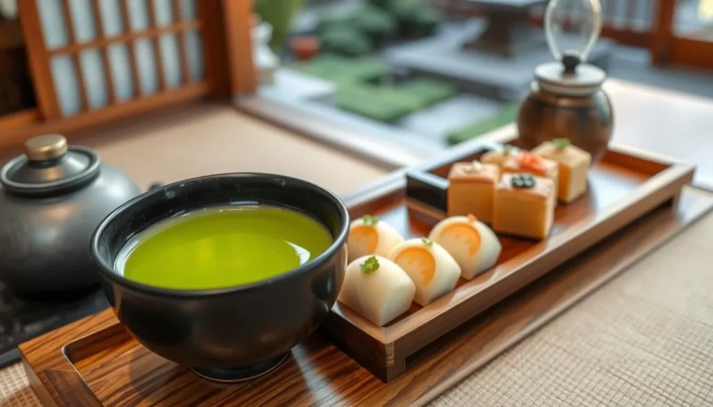 Traditional matcha tea ceremony with Japanese sweets in a temple garden setting Traditional matcha tea ceremony with Japanese sweets in a temple garden setting