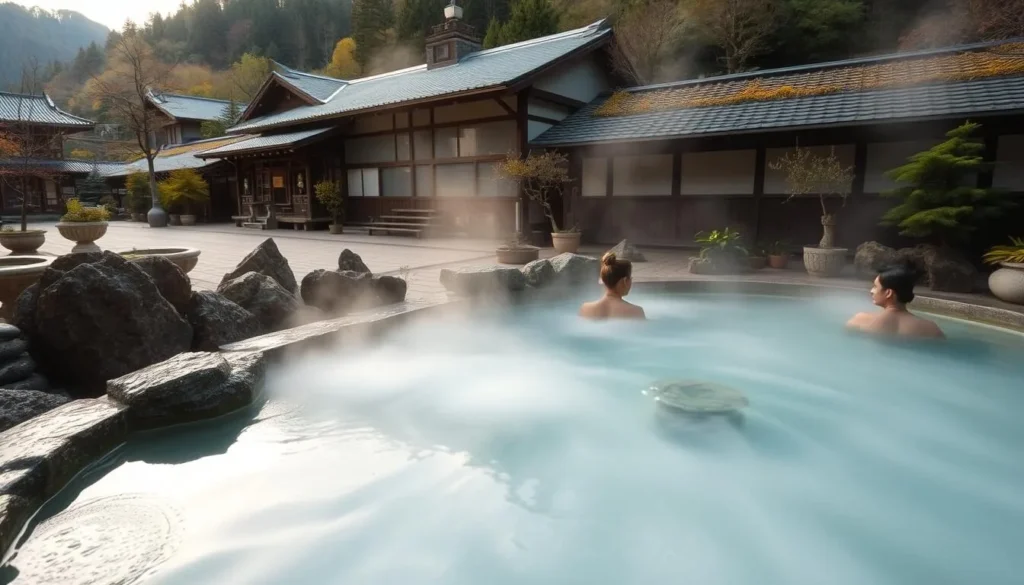 Traditional outdoor hot spring bath (rotenburo) at Kurokawa Onsen surrounded by nature, showing the serene bathing experience in this famous hot spring town near Kumamoto Traditional outdoor hot spring bath (rotenburo) at Kurokawa Onsen surrounded by nature, showing the serene bathing experience in this famous hot spring town near Kumamoto