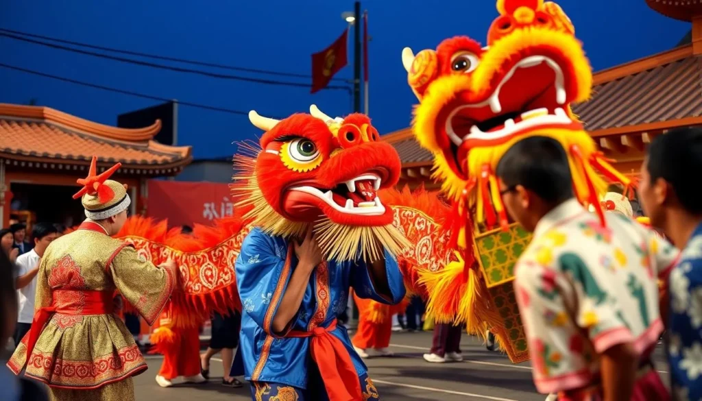 Traditional performers at the Nagasaki Kunchi Festival with colorful costumes and dragon dance