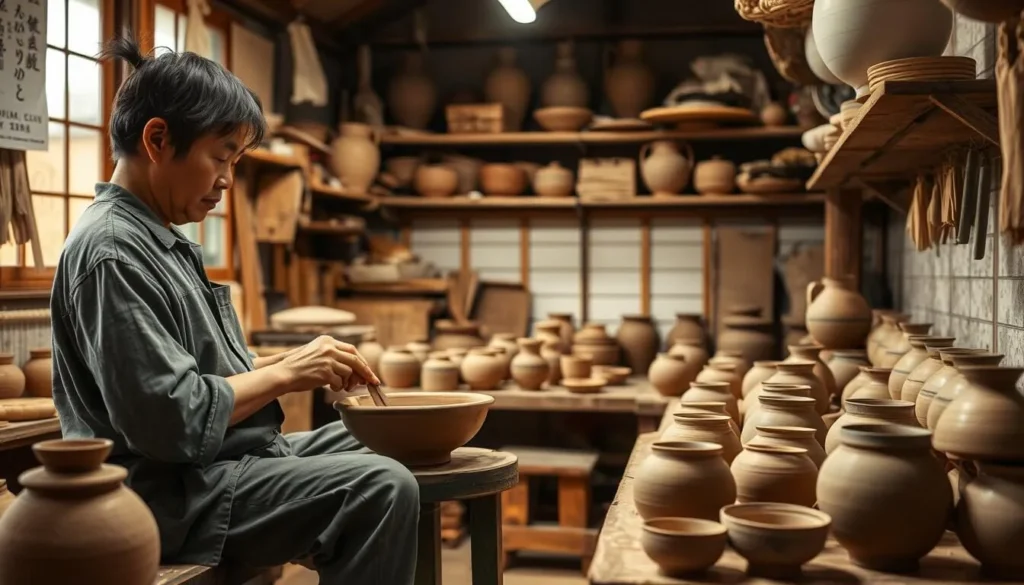 Traditional pottery workshop in Tsuboya district with artisan creating Okinawan ceramics Traditional pottery workshop in Tsuboya district with artisan creating Okinawan ceramics
