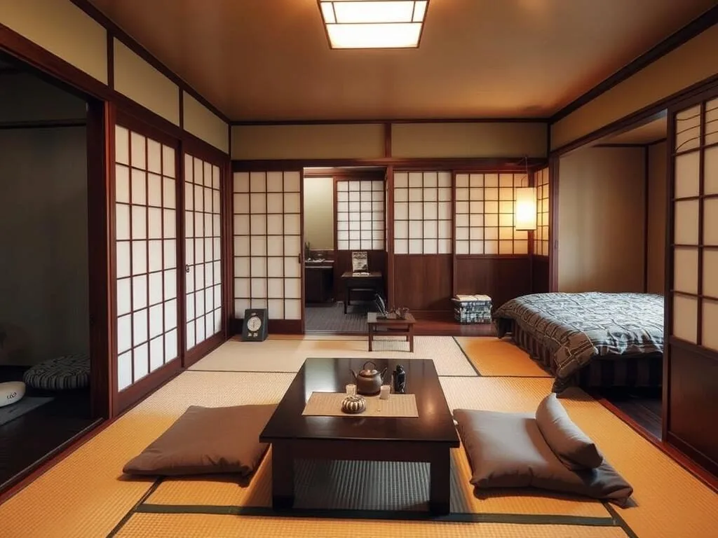 Traditional ryokan in Higashi Chaya district with tatami floors and sliding doors