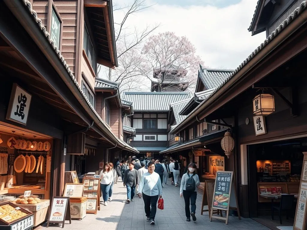 Traditional shopping and dining complex at Sakura-no-baba Josaien near Kumamoto Castle, featuring traditional architecture and local specialty shops Traditional shopping and dining complex at Sakura-no-baba Josaien near Kumamoto Castle, featuring traditional architecture and local specialty shops