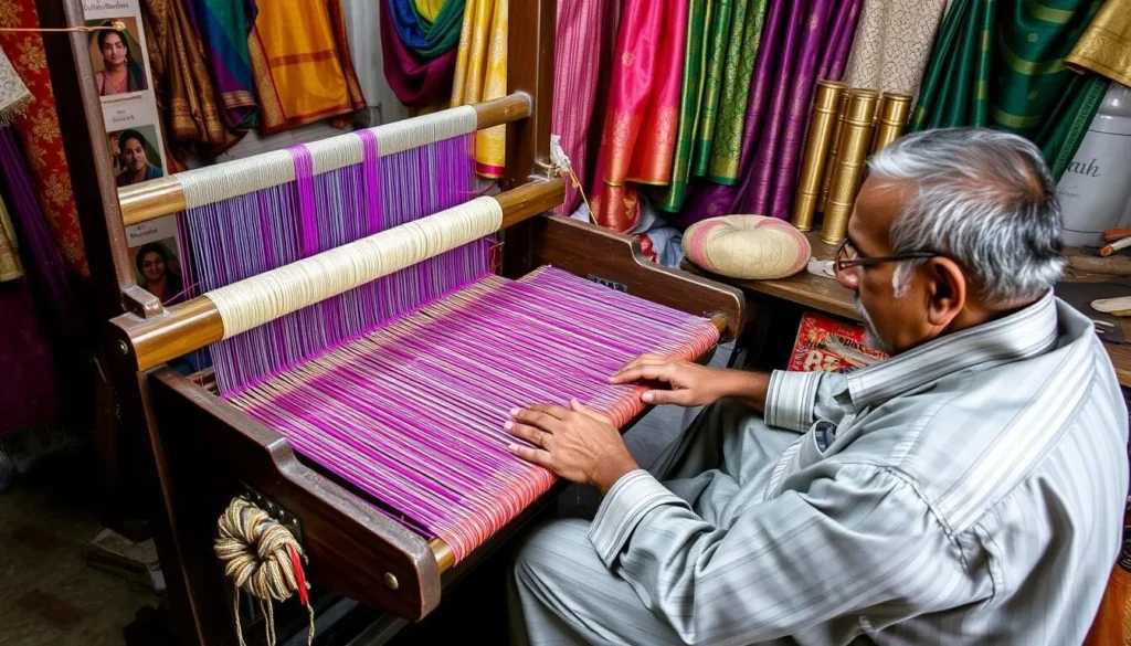 Traditional silk weaver working on a handloom creating intricate Banarasi silk patterns in a small workshop